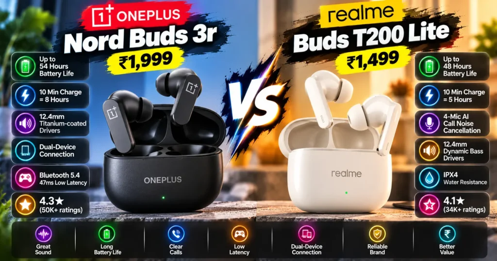 OnePlus Nord Buds 3r vs realme Buds T200 Lite: Which Should You Buy? OnePlus Nord Buds 3r vs realme Buds T200 Lite: Which Should You Buy?