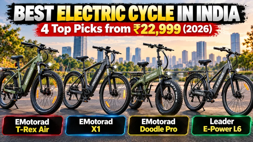 Best Electric Cycle in India (October 2026): 4 Top Picks Compared Best electric cycle in India 2026 - EMotorad T-Rex Air, X1, Doodle Pro and Leader E-Power L6 compared