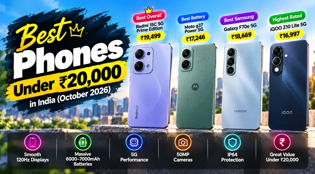 Best Phones Under ₹20,000 in India (October 2026): 4 Top Picks Best phone under ₹20,000 in India (October 2026): Redmi 15C 5G Prime Edition, Moto g37 Power 5G, Samsung Galaxy F70e 5G and iQOO Z10 Lite 5G