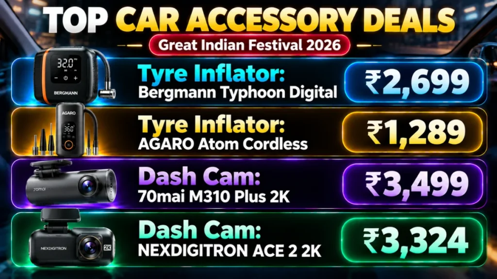 Car accessory deals in Amazon Great Indian Festival 2026: tyre inflator and dash cam prices