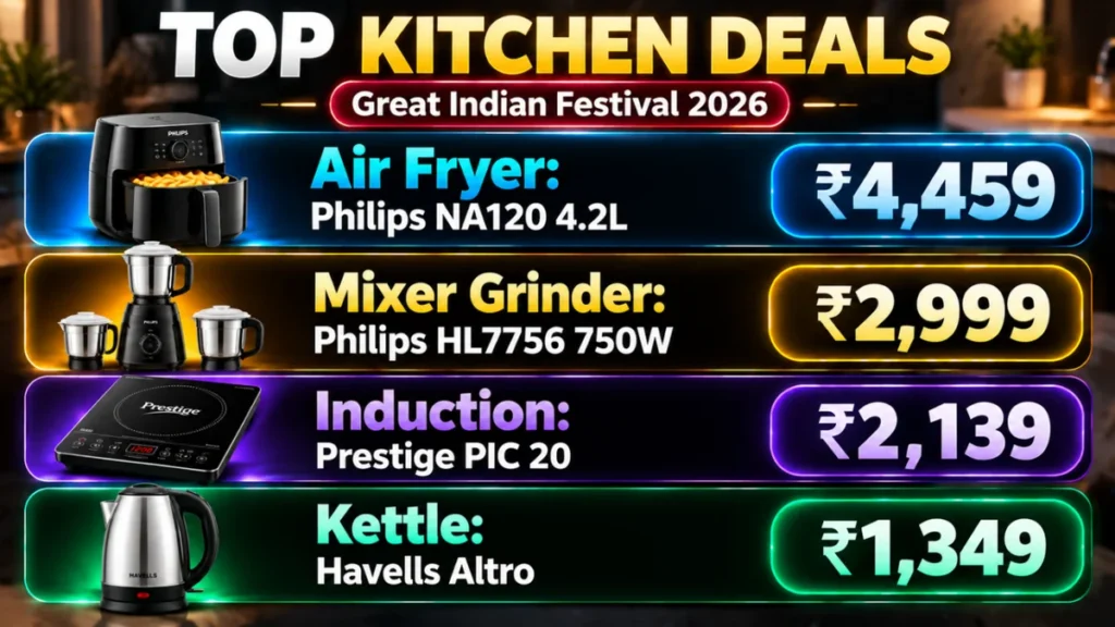 Kitchen appliance deals in Amazon Great Indian Festival 2026: Philips air fryer, Philips mixer, Prestige induction and Havells kettle prices
