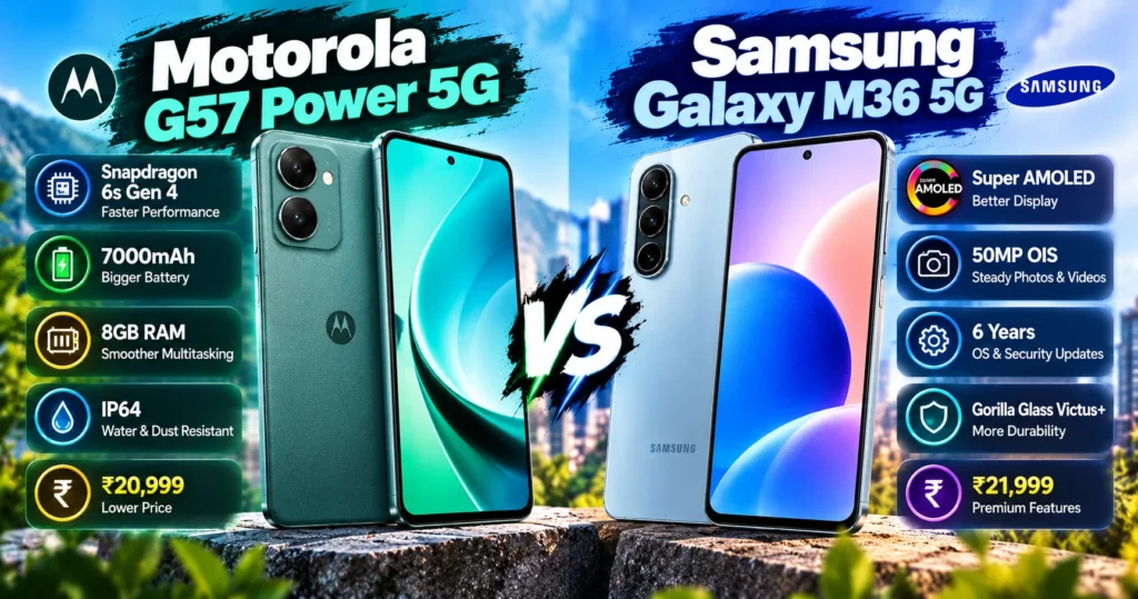 Motorola G57 Power vs Samsung Galaxy M36 5G: Which Should You Buy? Motorola G57 Power vs Samsung Galaxy M36 5G comparison: Snapdragon 6s Gen 4, 7000mAh and 8GB RAM vs Super AMOLED, 50MP OIS and 6 years of updates