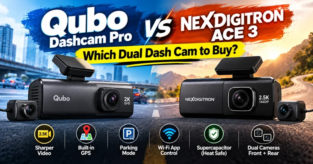 Qubo Dashcam Pro vs NEXDIGITRON ACE 3 dual dash cam comparison: 2K vs 2.5K video, GPS, parking mode and Wi-Fi app