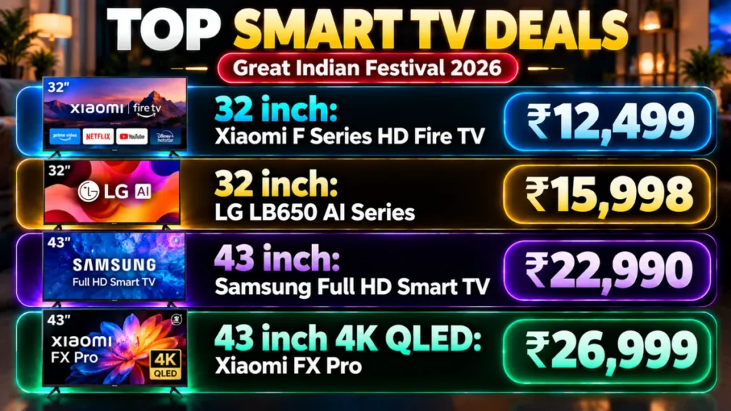 Smart TV deals in Amazon Great Indian Festival 2026: Xiaomi, LG and Samsung 32 and 43 inch TV prices
